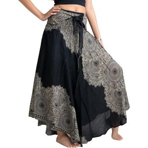 B Bangkok Black Cream Maxi Skirt Asymmetrical Boho Hippie Coastal Elastic Waist